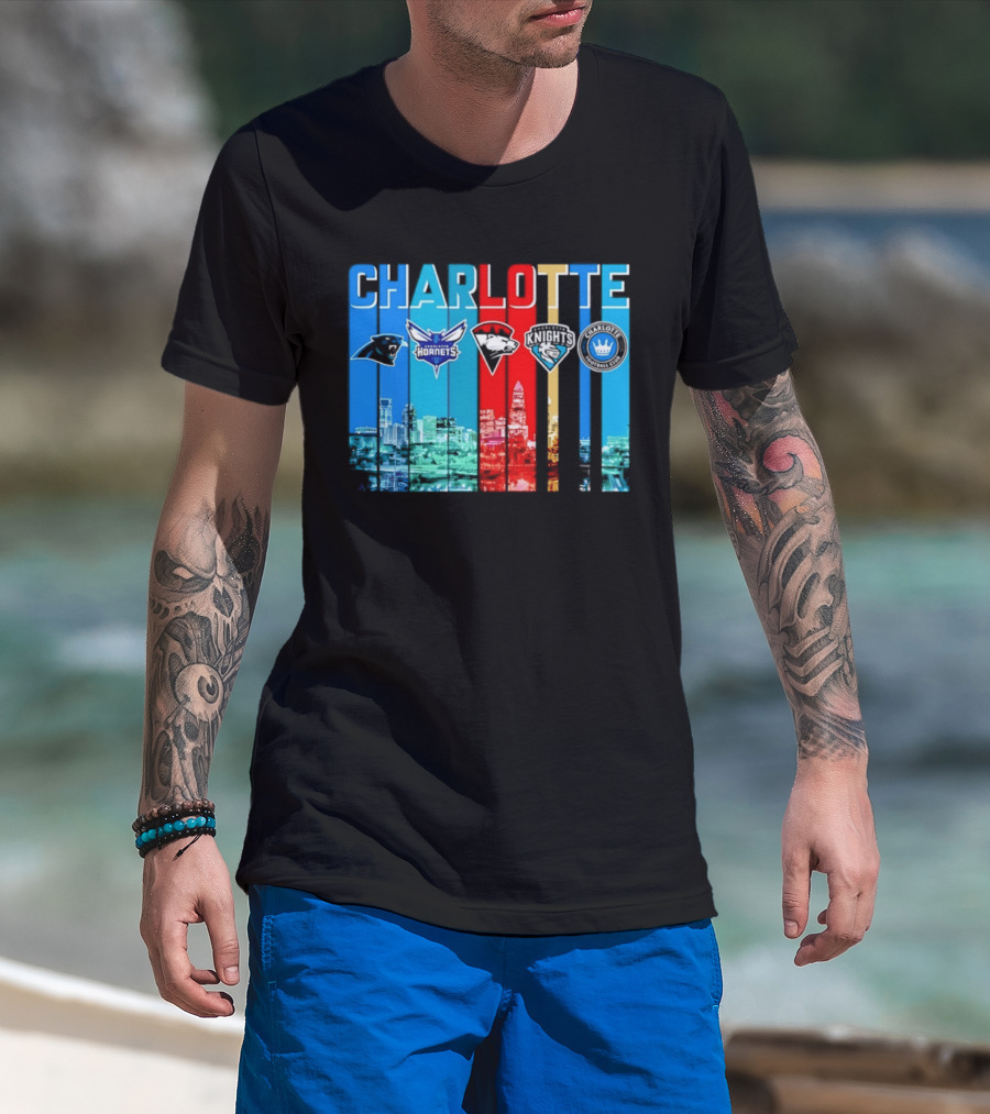 Charlotte Panthers Hornets Knights City Skyline Sports Team Logos T-Shirt