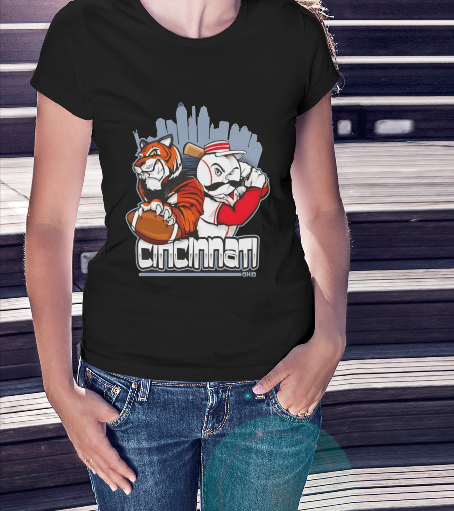 Cincinnati Reds Bengals Skyline Ohio Tiger And Baseball Character 2026 T-Shirt