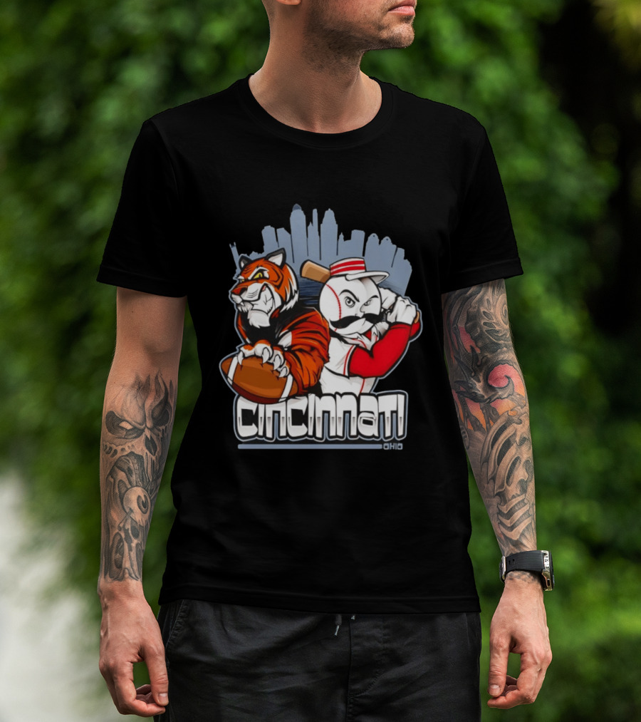 Cincinnati Reds Bengals Skyline Ohio Tiger And Baseball Character 2026 T-Shirt