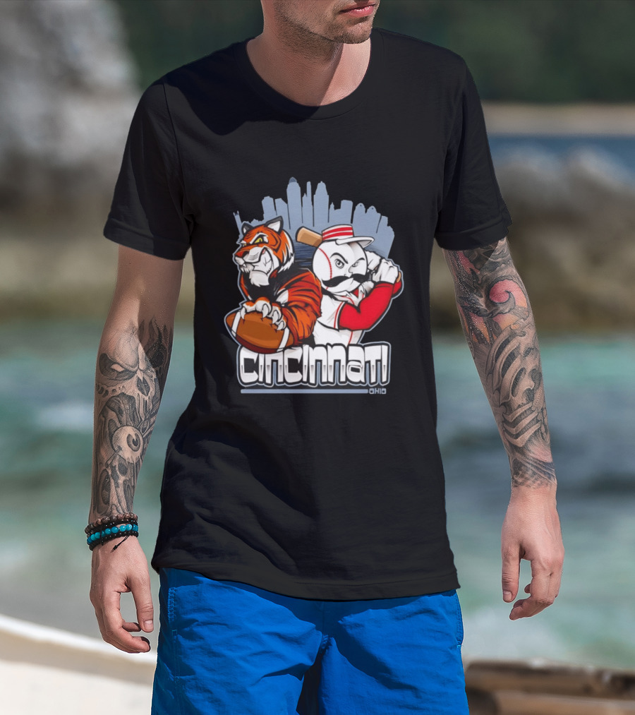 Cincinnati Reds Bengals Skyline Ohio Tiger And Baseball Character 2026 T-Shirt