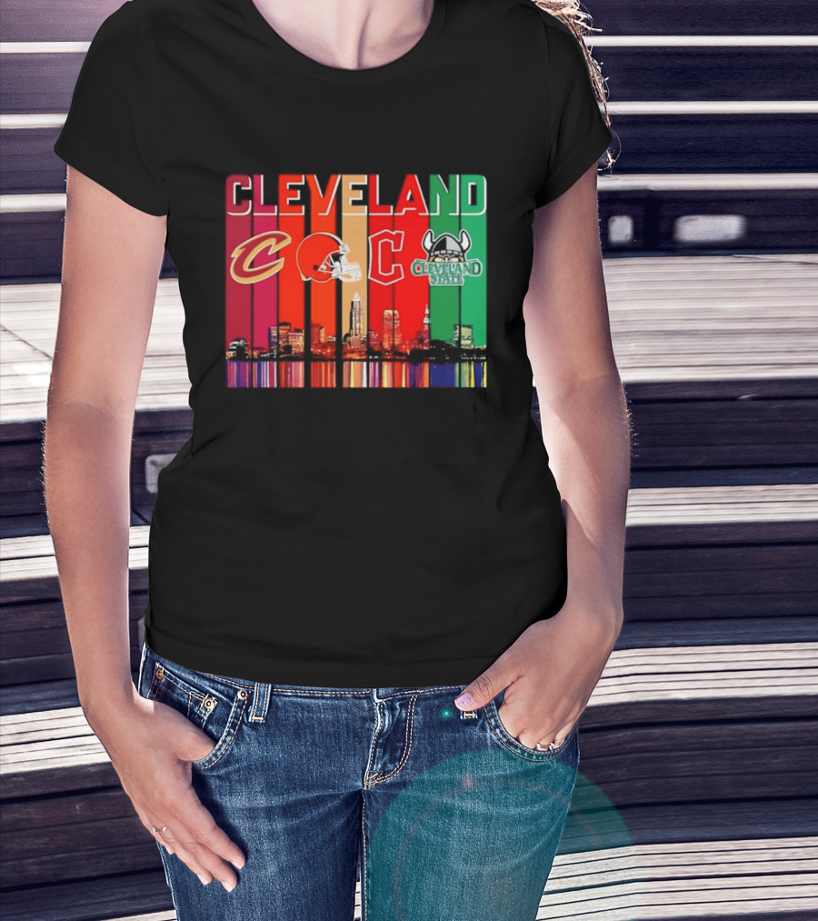 Cleveland Cavaliers Browns Guardians Cleveland State Vikings City Skyline T-Shirt
