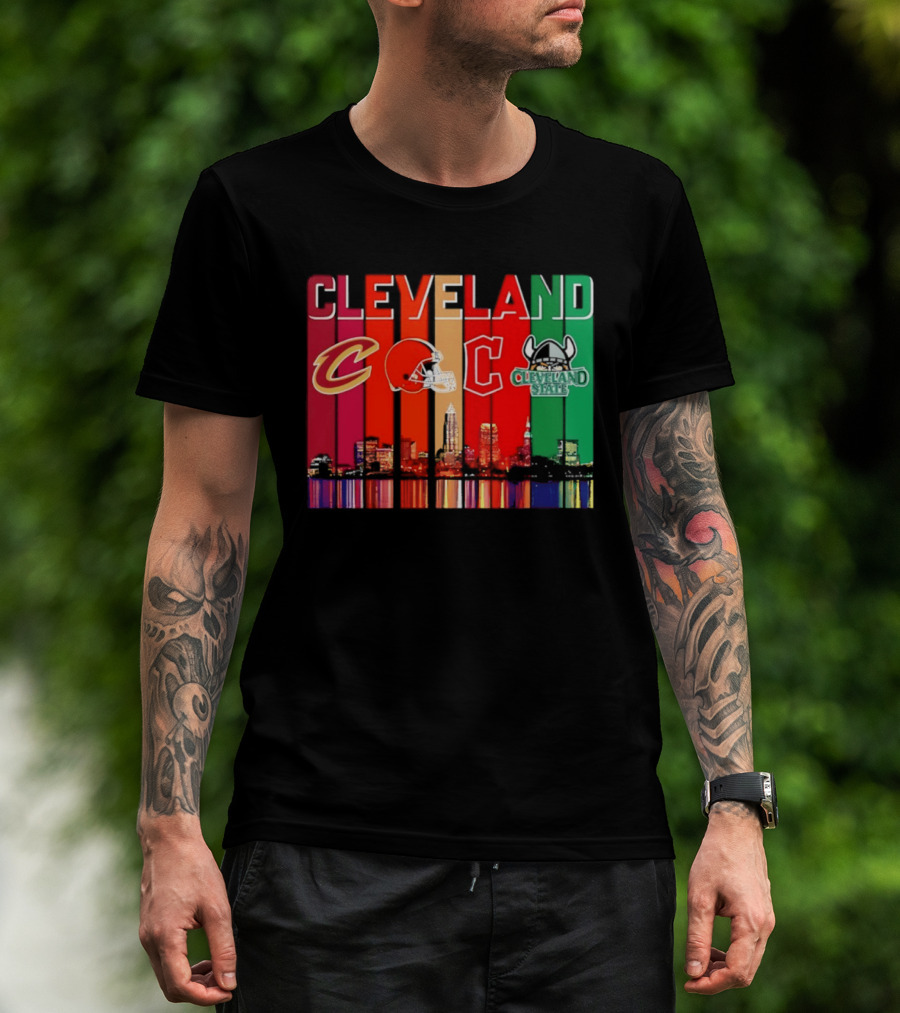 Cleveland Cavaliers Browns Guardians Cleveland State Vikings City Skyline T-Shirt