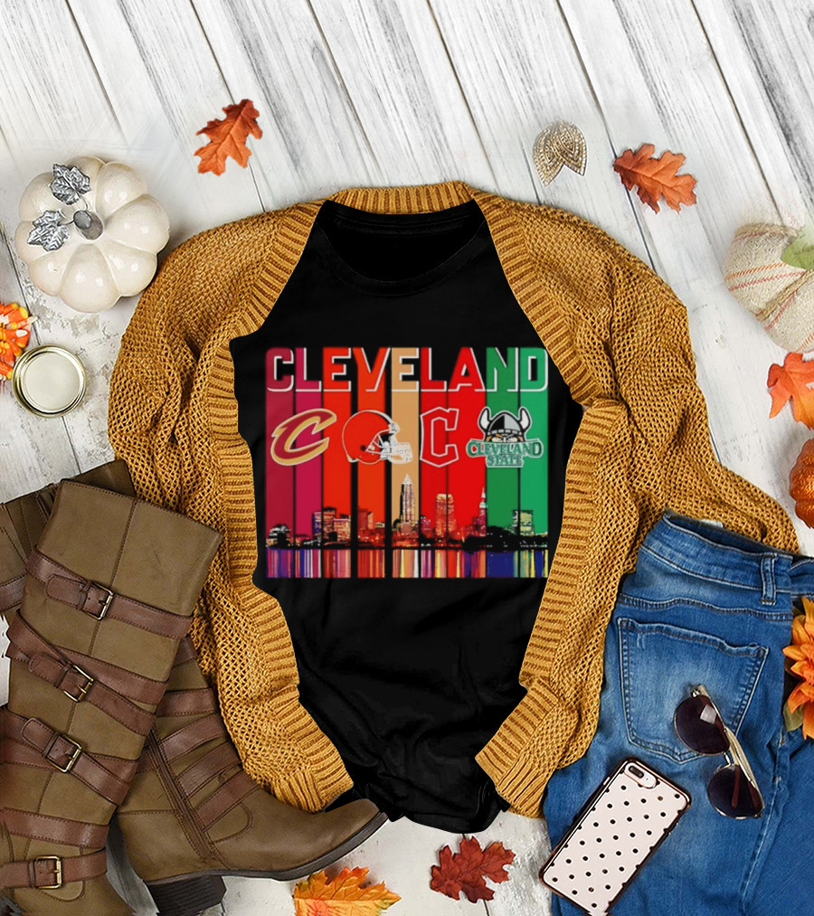 Cleveland Cavaliers Browns Guardians Cleveland State Vikings City Skyline T-Shirt
