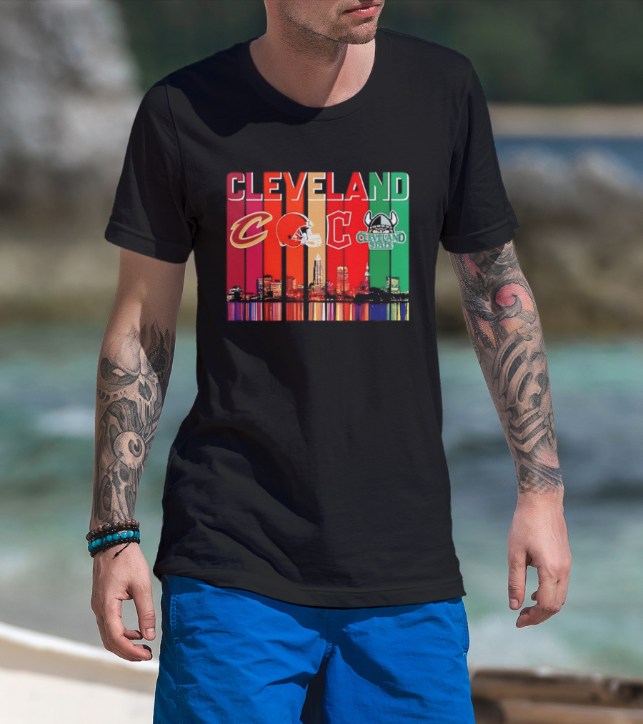 Cleveland Cavaliers Browns Guardians Cleveland State Vikings City Skyline T-Shirt