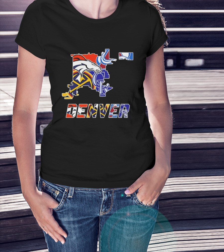 Denver Broncos Nuggets Avalanche Rockies Map Sports Team Logos T-Shirt
