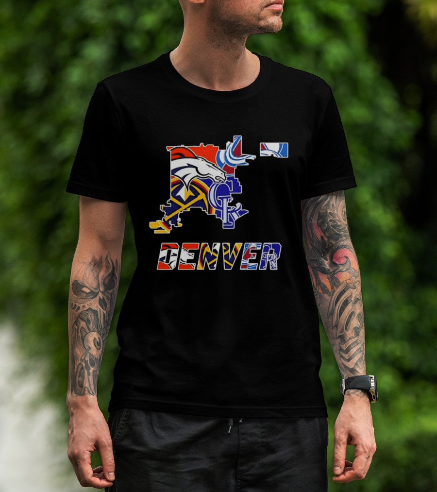 Denver Broncos Nuggets Avalanche Rockies Map Sports Team Logos T-Shirt