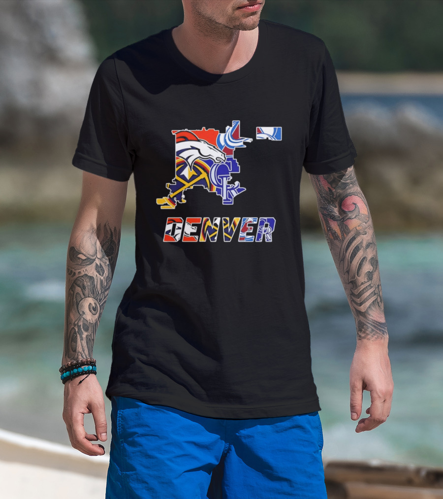 Denver Broncos Nuggets Avalanche Rockies Map Sports Team Logos T-Shirt