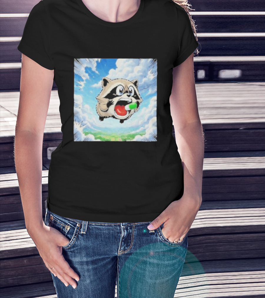Jimothy Raccoon Cartoon Sky Dive With Colorful Capsule T-Shirt
