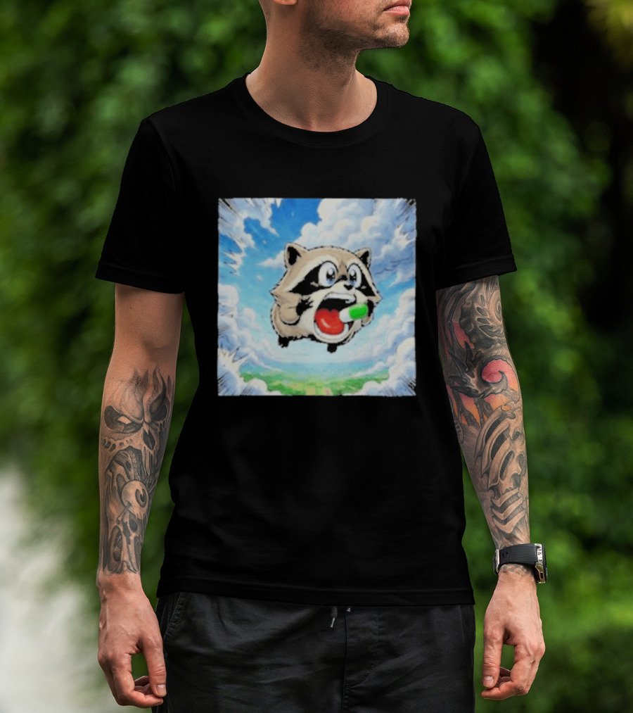 Jimothy Raccoon Cartoon Sky Dive With Colorful Capsule T-Shirt