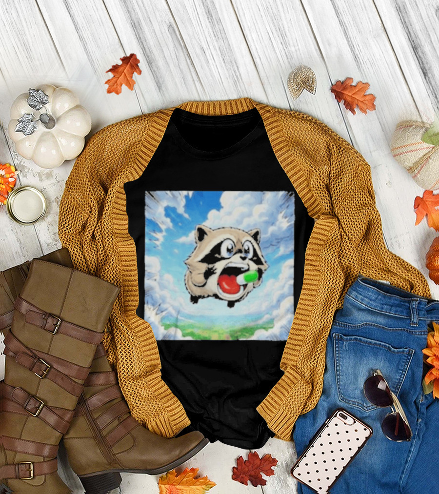 Jimothy Raccoon Cartoon Sky Dive With Colorful Capsule T-Shirt