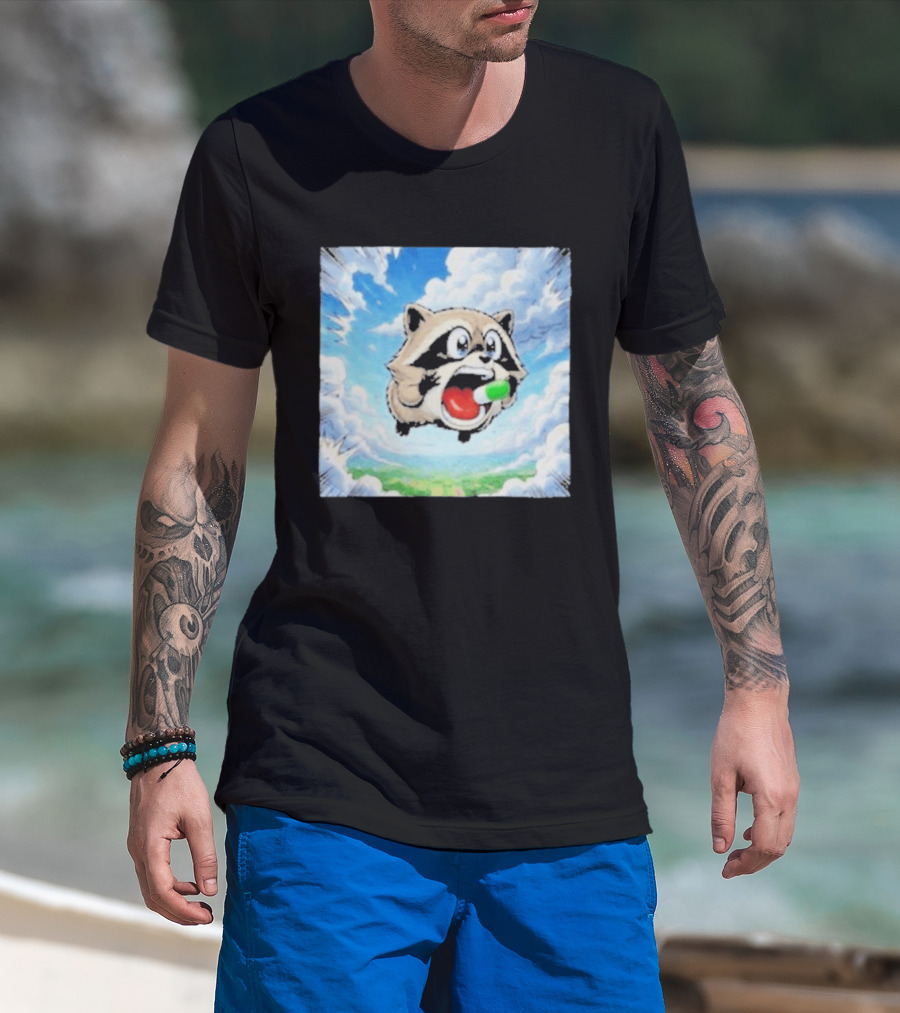 Jimothy Raccoon Cartoon Sky Dive With Colorful Capsule T-Shirt