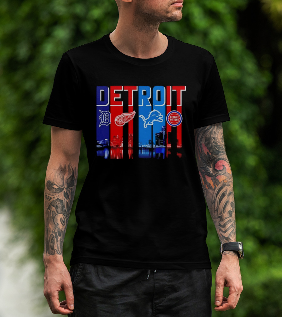 Detroit Tigers Red Wings Lions Pistons City Skyline 2026 T-Shirt