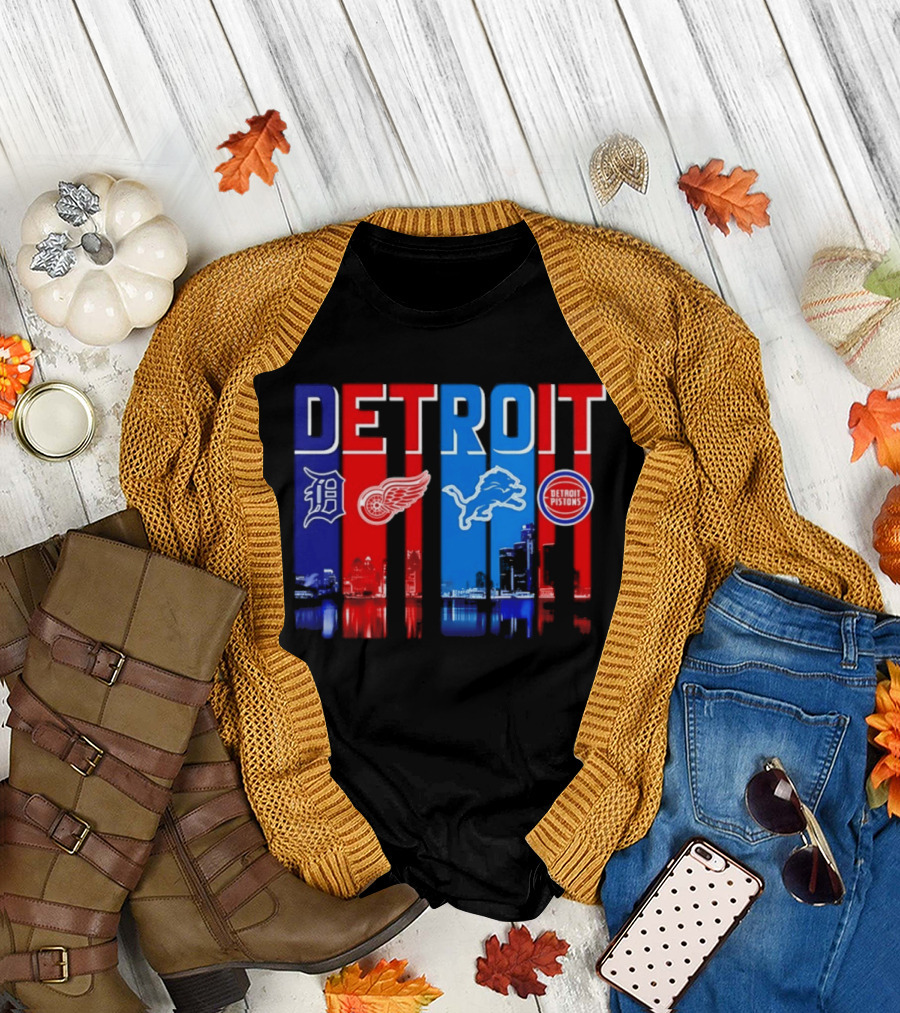 Detroit Tigers Red Wings Lions Pistons City Skyline 2026 T-Shirt