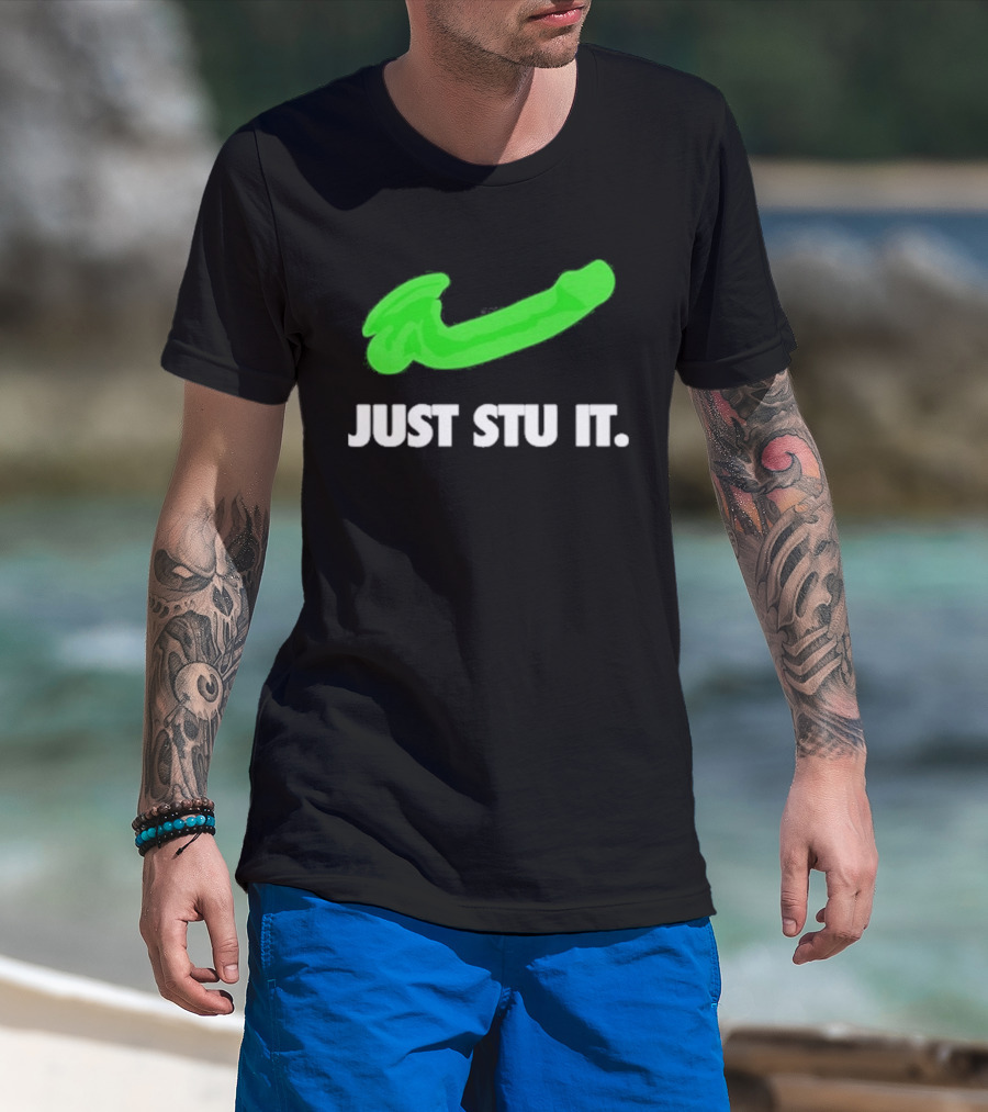Just Stu It Green Swoosh Iconic Phrase T-Shirt