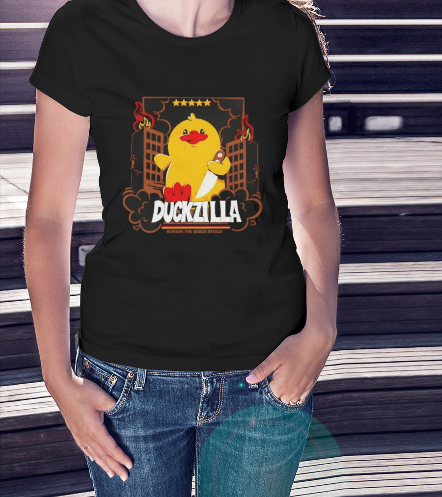 Duckzilla Beware The Quack Attack Knife Wielding Giant Duck With Burning Buildings T-Shirt