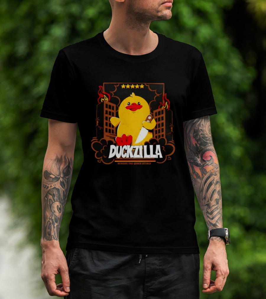 Duckzilla Beware The Quack Attack Knife Wielding Giant Duck With Burning Buildings T-Shirt