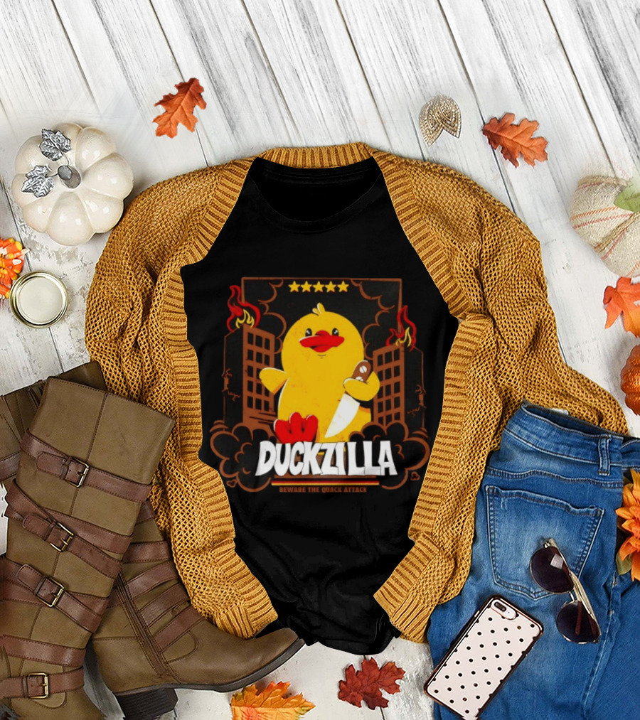 Duckzilla Beware The Quack Attack Knife Wielding Giant Duck With Burning Buildings T-Shirt