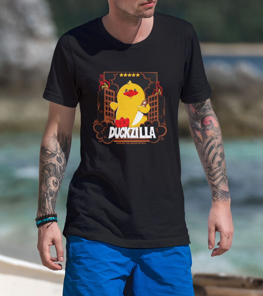 Duckzilla Beware The Quack Attack Knife Wielding Giant Duck With Burning Buildings T-Shirt