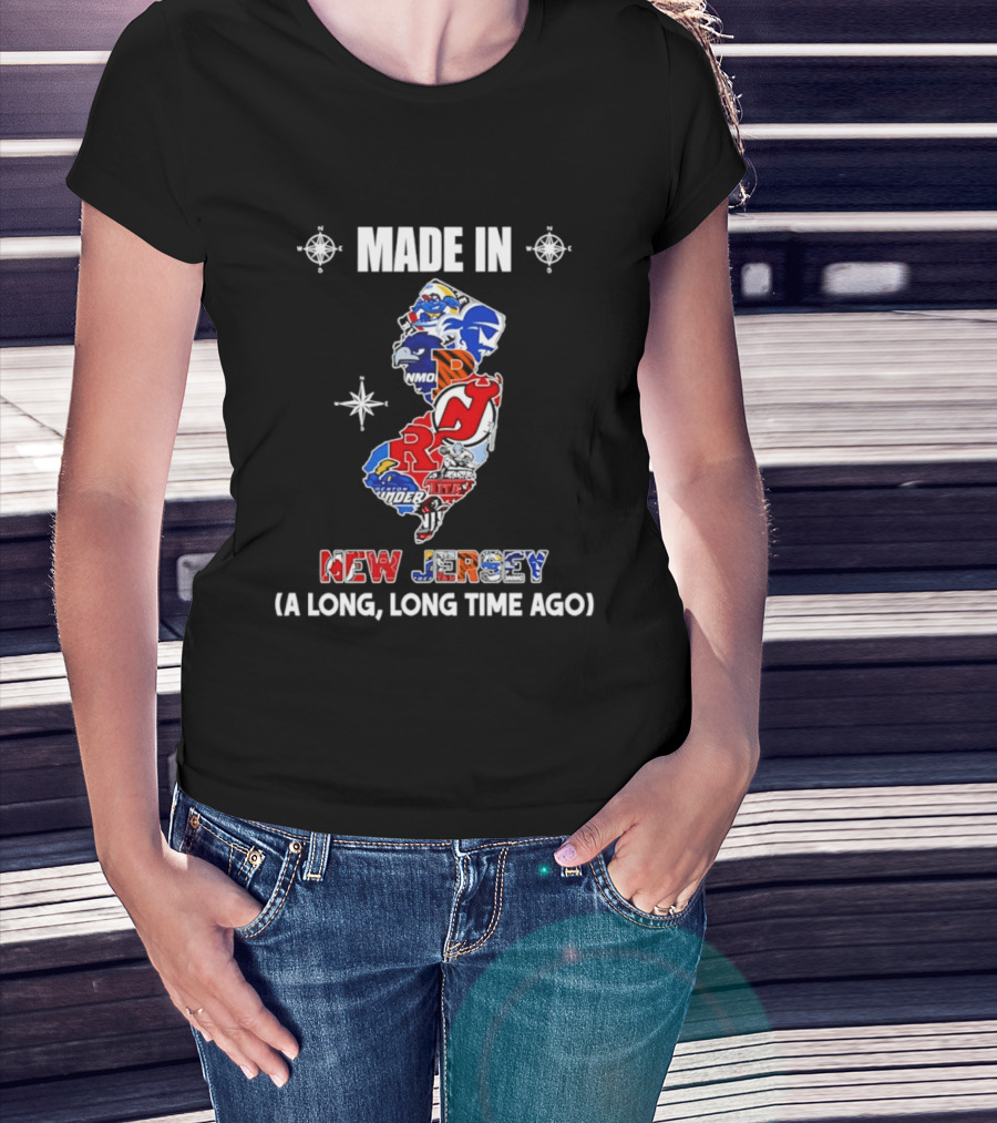 Made In New Jersey State Sports And College Team Logos Map A Long Long Time Ago T-Shirt