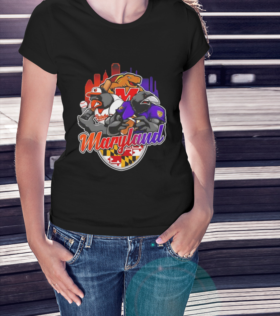 Maryland Orioles Ravens Terrapins Skyline Mashup With Flag T-Shirt