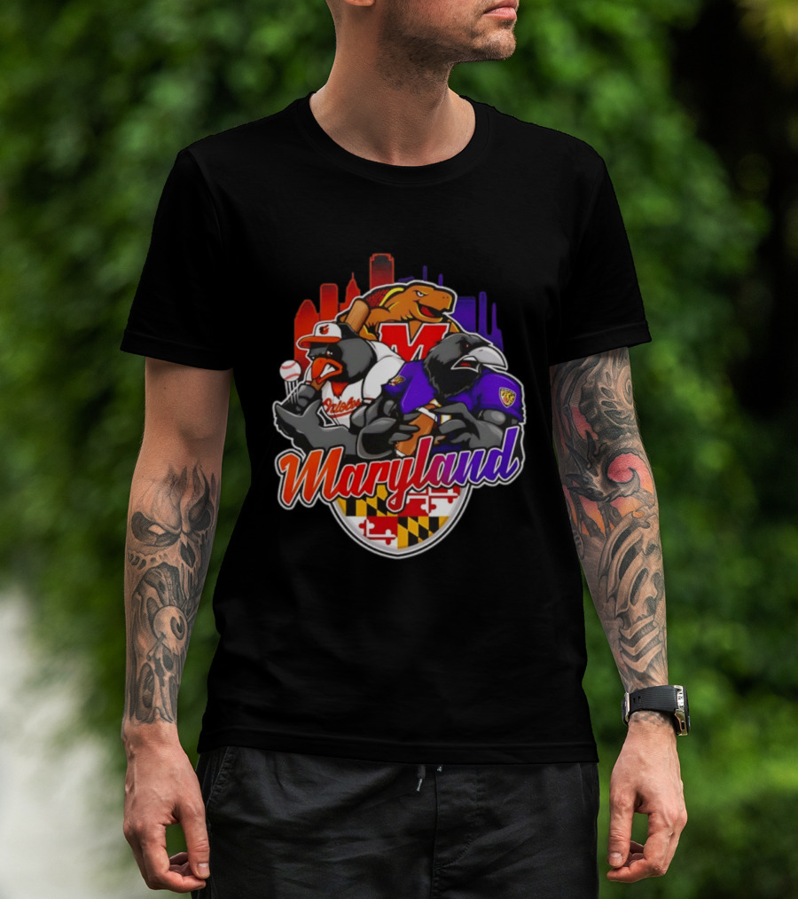 Maryland Orioles Ravens Terrapins Skyline Mashup With Flag T-Shirt