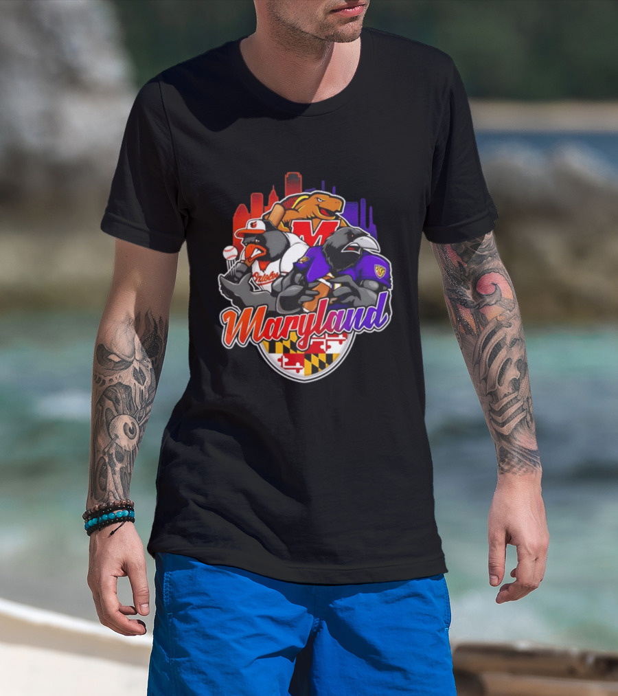 Maryland Orioles Ravens Terrapins Skyline Mashup With Flag T-Shirt