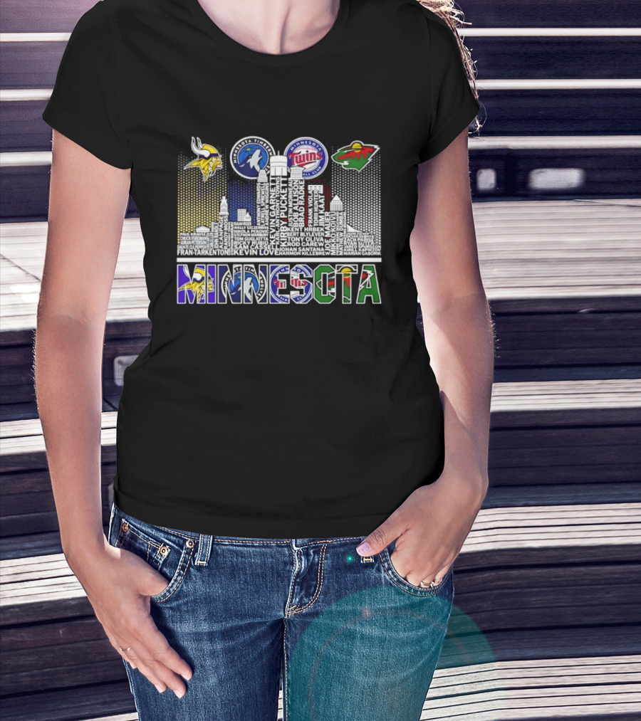 Minnesota Vikings Timberwolves Twins Wild Skyline Roster Names T-Shirt