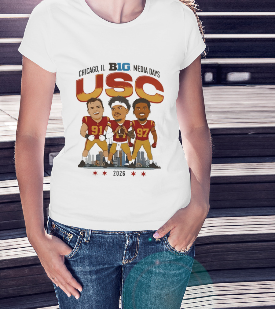 USC Trojans Big Ten Media Days 2026 Chicago Skyline Caricature Jayden Maiava Alex VanSumeren Jide Abasiri T-Shirt