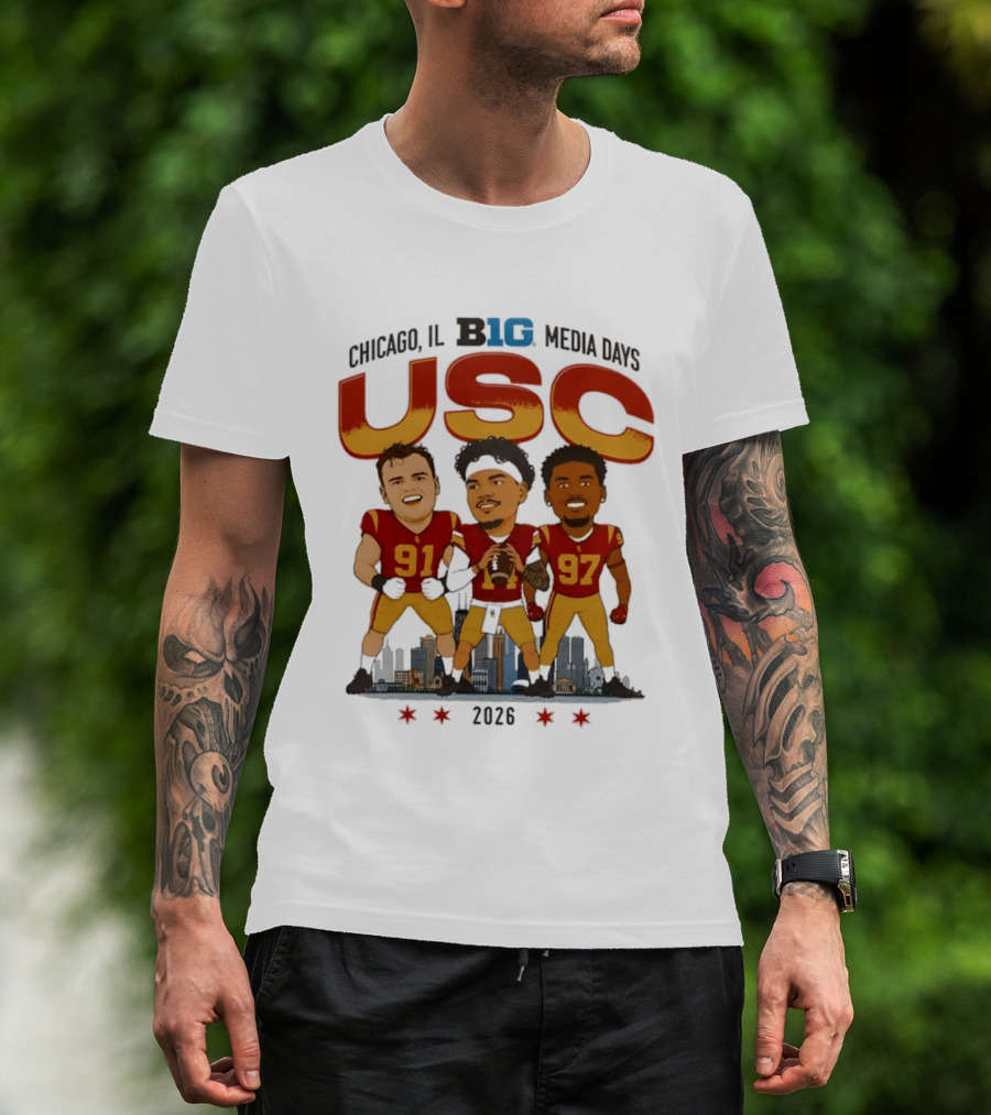 USC Trojans Big Ten Media Days 2026 Chicago Skyline Caricature Jayden Maiava Alex VanSumeren Jide Abasiri T-Shirt