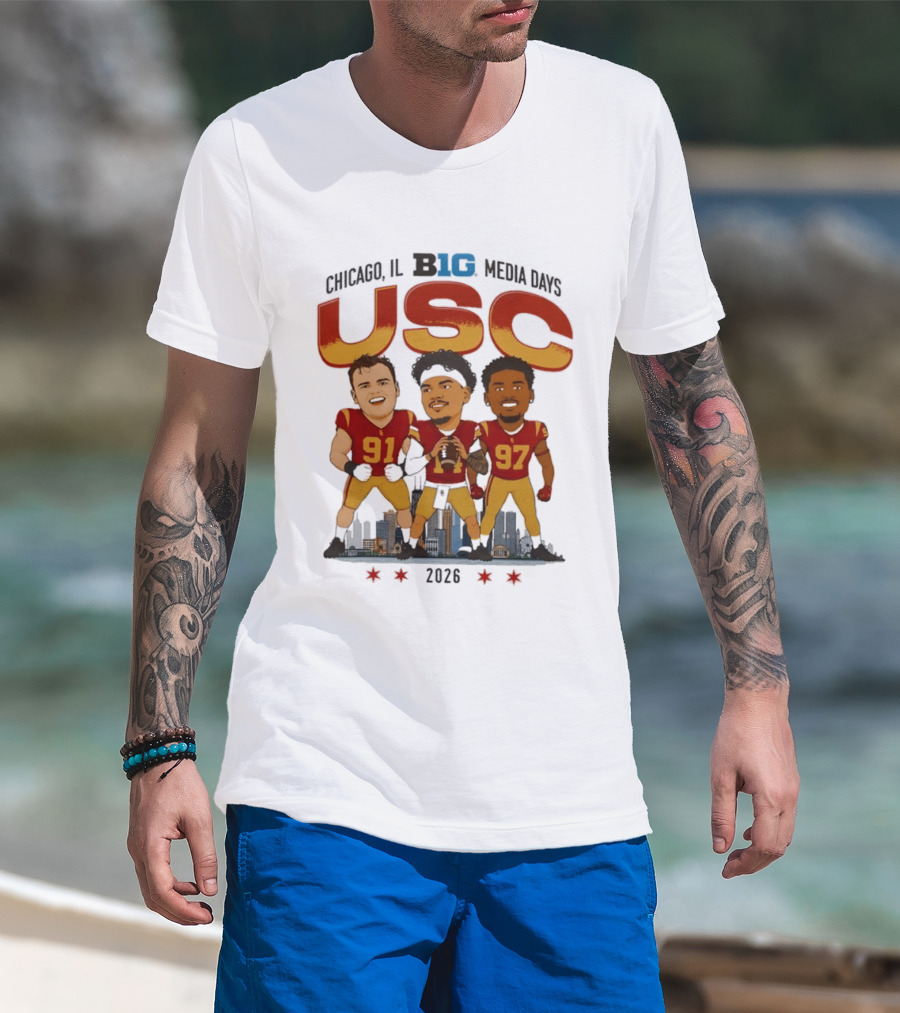 USC Trojans Big Ten Media Days 2026 Chicago Skyline Caricature Jayden Maiava Alex VanSumeren Jide Abasiri T-Shirt