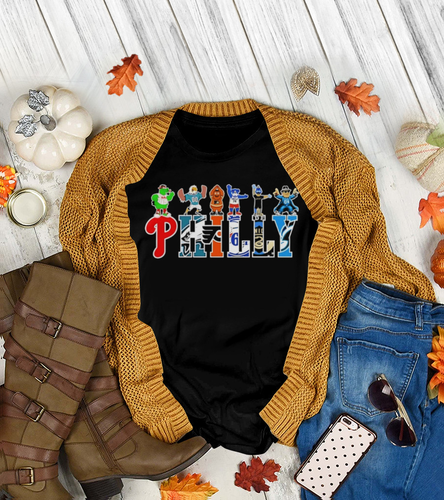Philly Mascots 2026 Phillies Eagles Flyers Sixers Union Phanatic Gritty Swoop Franklin Fang T-Shirt