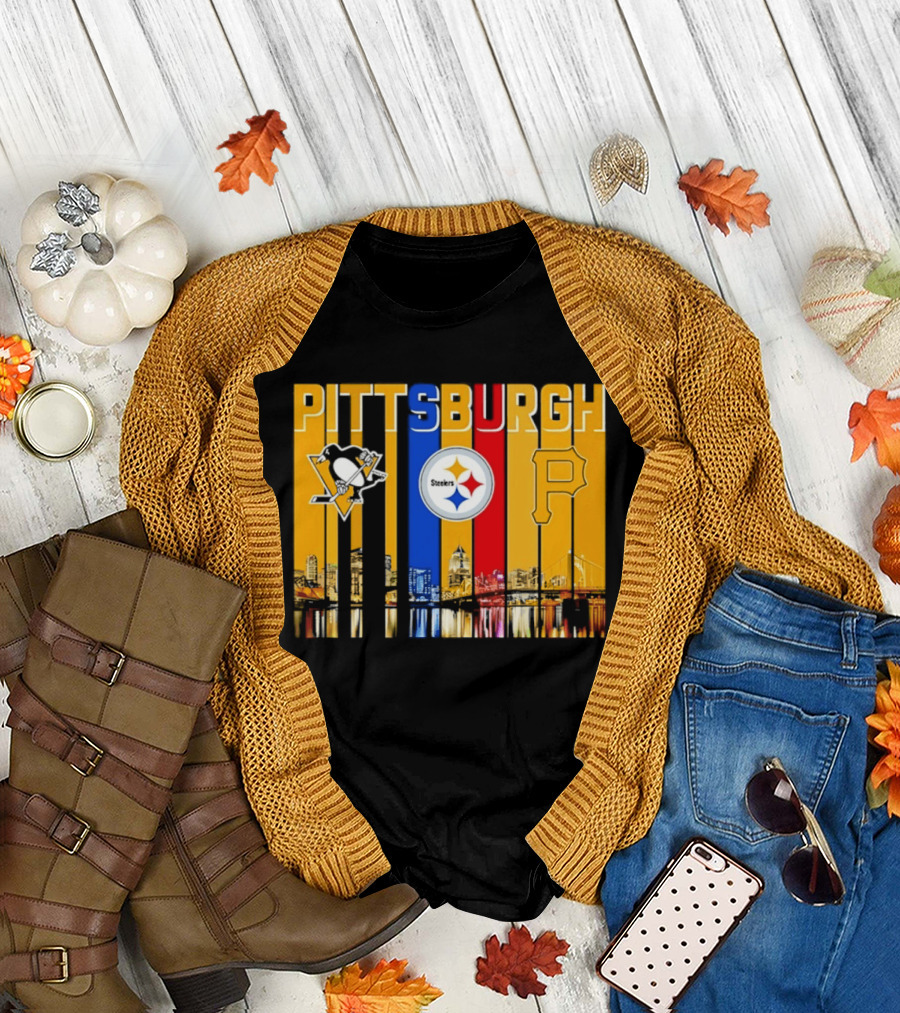 Pittsburgh Penguins Steelers Pirates City Skyline 2026 Sports Teams T-Shirt