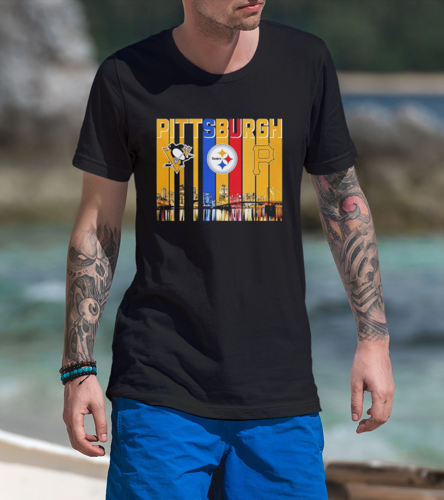 Pittsburgh Penguins Steelers Pirates City Skyline 2026 Sports Teams T-Shirt