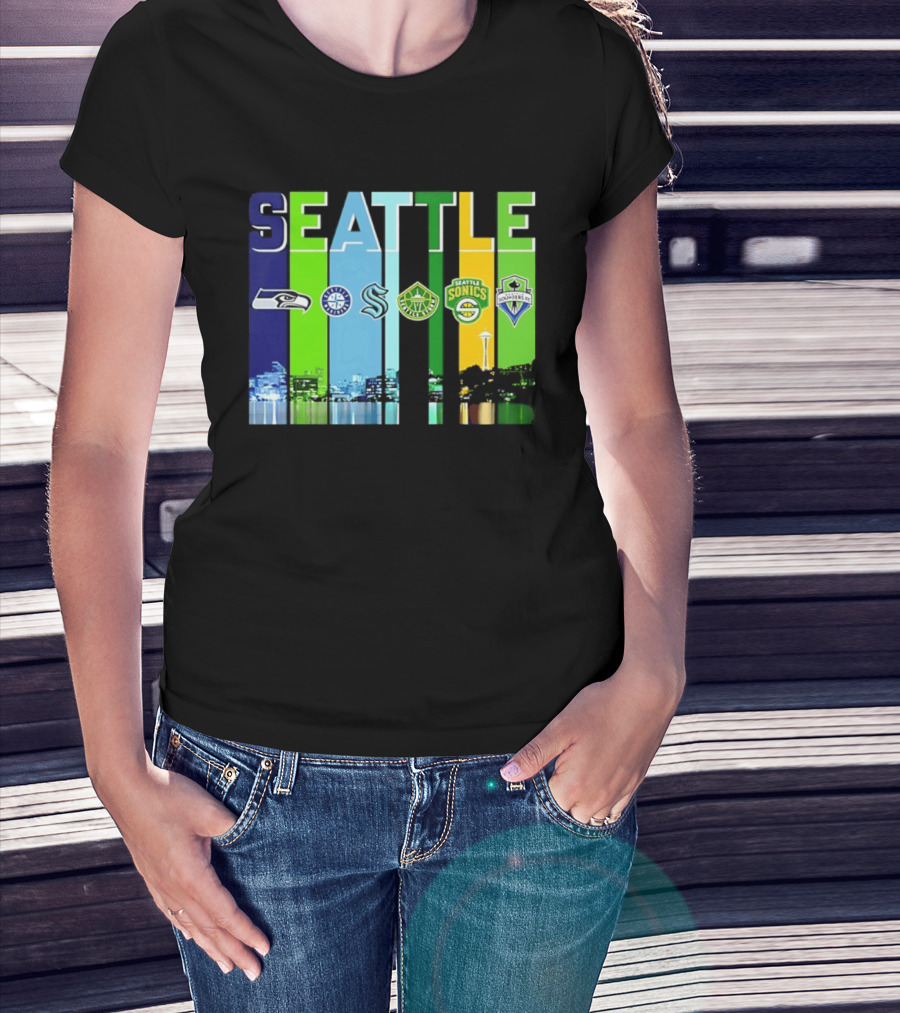 Seattle Seahawks Mariners Kraken Sonics Storm Sounders City Skyline T-Shirt