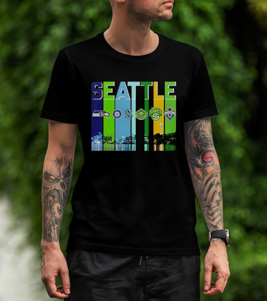Seattle Seahawks Mariners Kraken Sonics Storm Sounders City Skyline T-Shirt