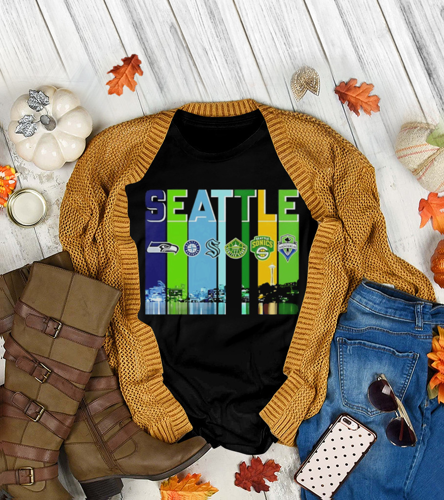 Seattle Seahawks Mariners Kraken Sonics Storm Sounders City Skyline T-Shirt