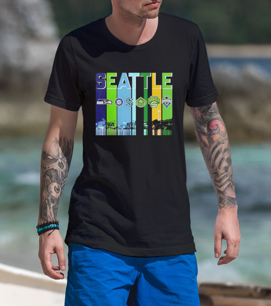 Seattle Seahawks Mariners Kraken Sonics Storm Sounders City Skyline T-Shirt