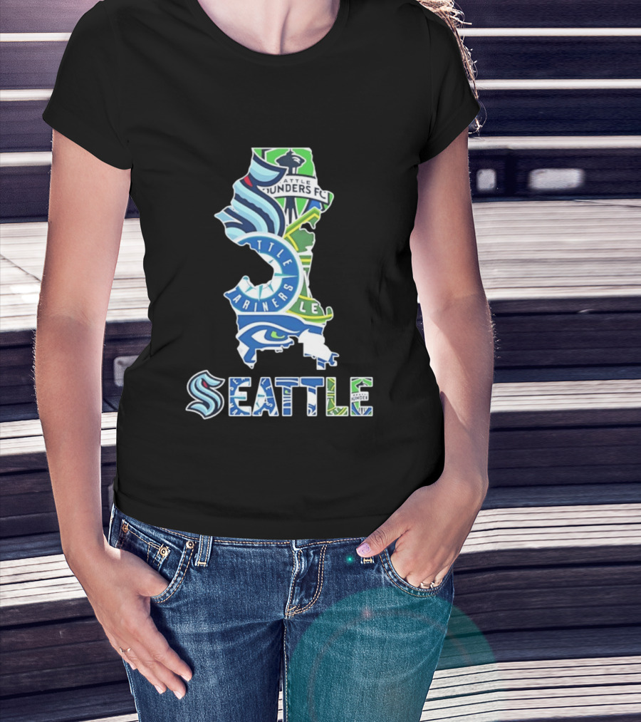 Seattle Kraken Mariners Seahawks Sounders FC Map Collage 2026 T-Shirt