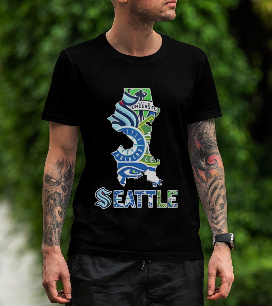 Seattle Kraken Mariners Seahawks Sounders FC Map Collage 2026 T-Shirt