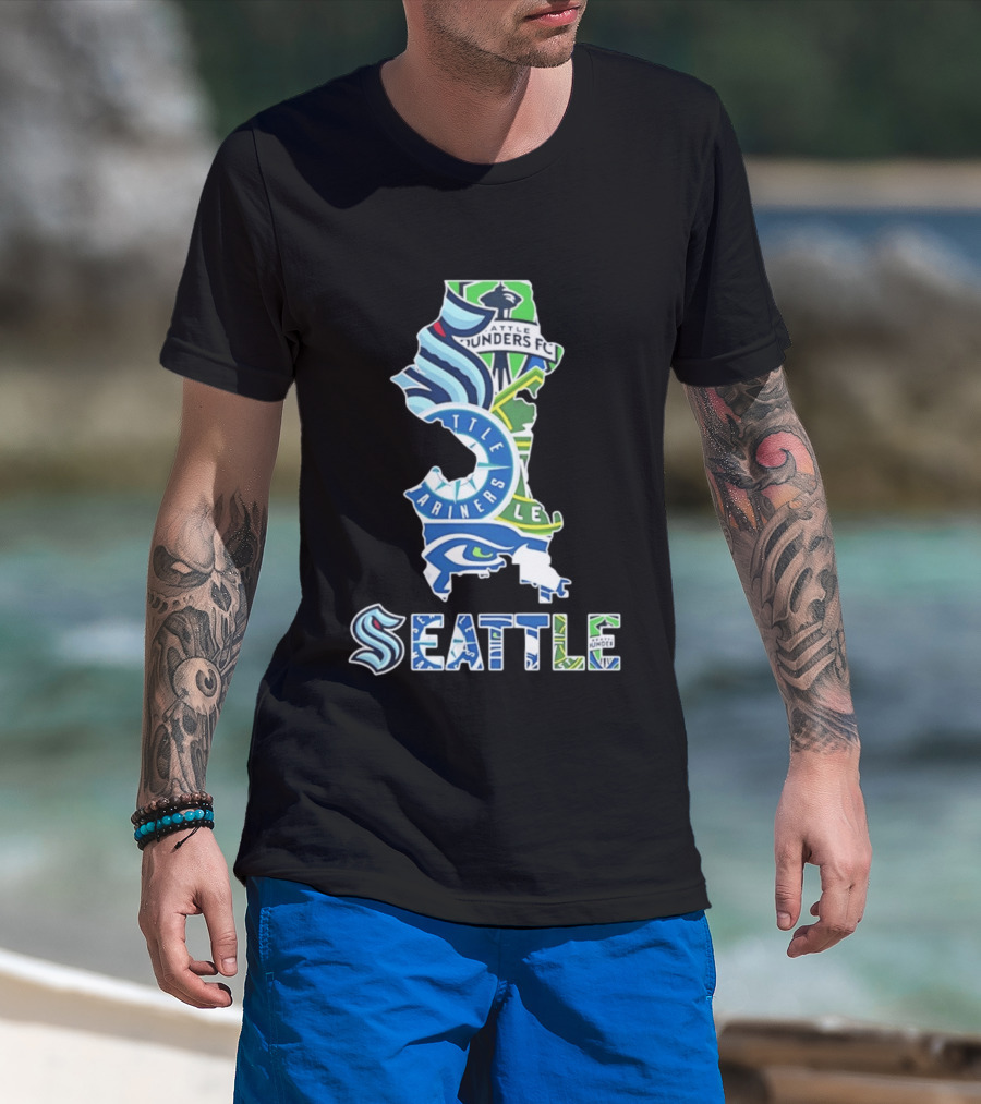 Seattle Kraken Mariners Seahawks Sounders FC Map Collage 2026 T-Shirt