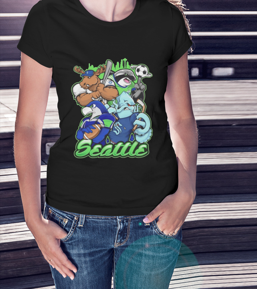 Seattle Sports Team Mascot Mashup With Moose Orca Octopus Bird Skyline T-Shirt