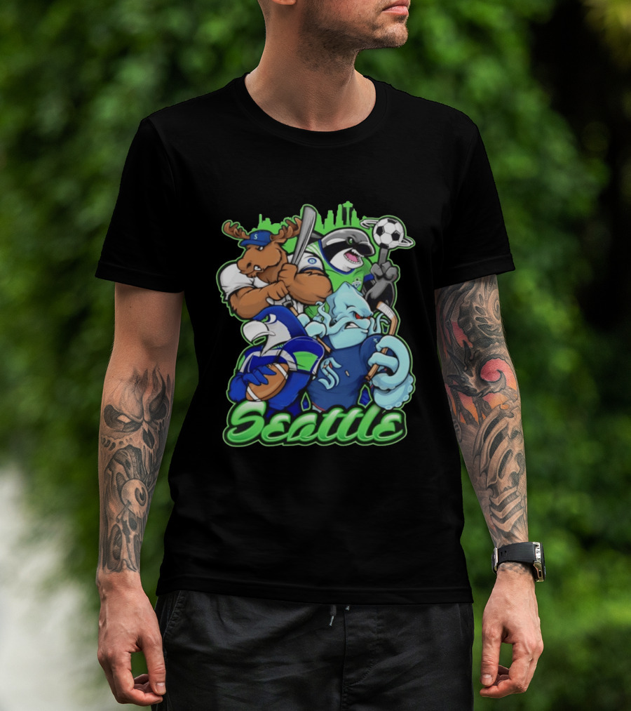 Seattle Sports Team Mascot Mashup With Moose Orca Octopus Bird Skyline T-Shirt