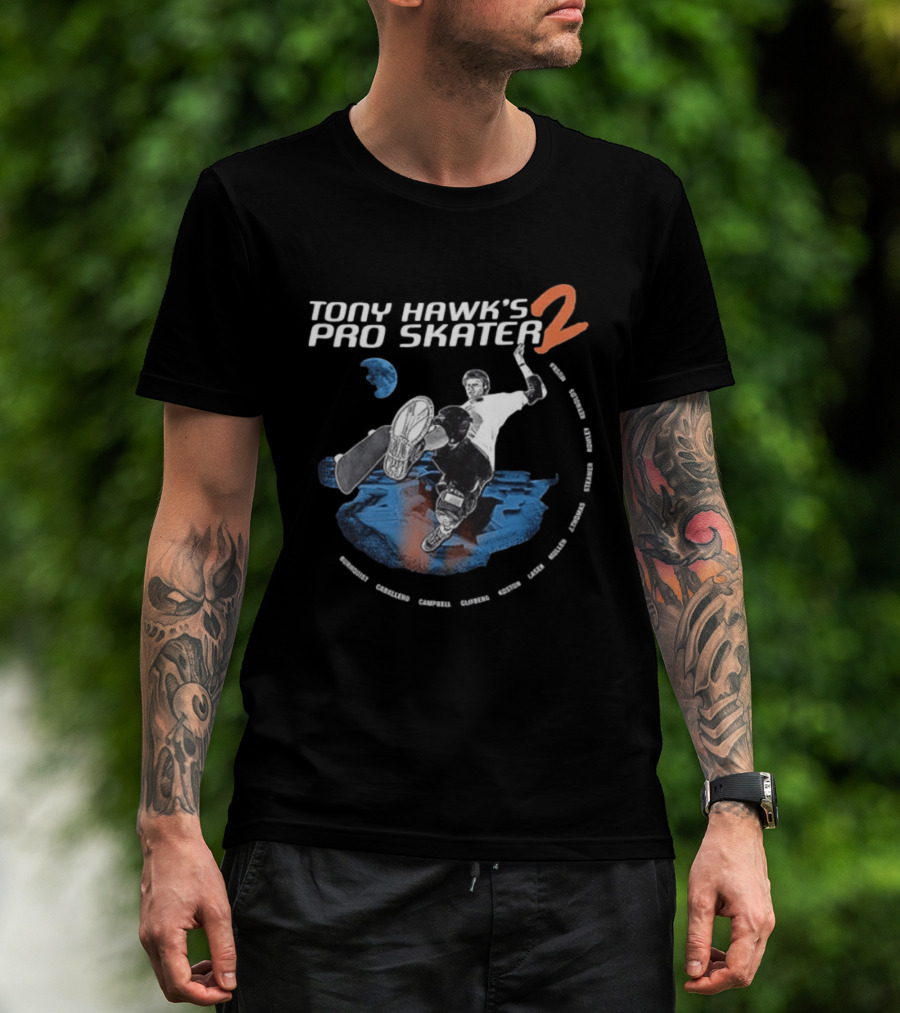 Tony Hawk's Pro Skater 2 Hawk's Back With New Technology New Pros And New Tracks 2 Sided Flip McTwist Skateboarding Legends T-Shirt