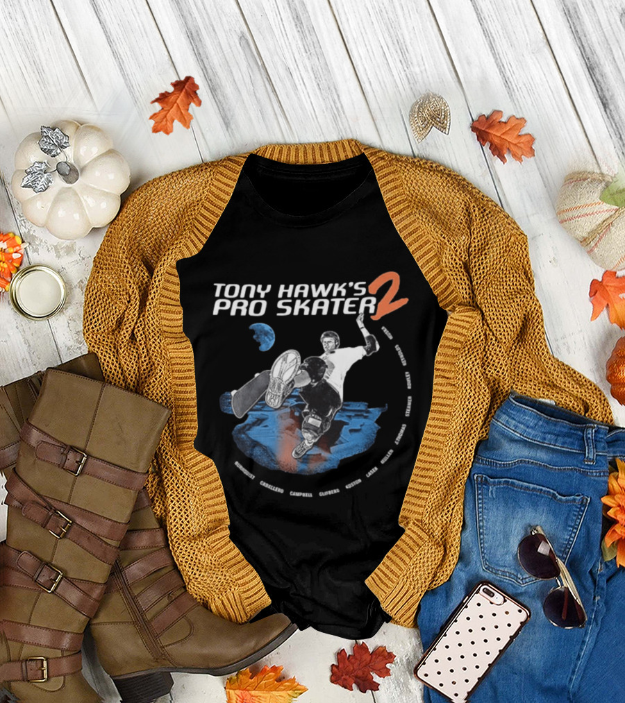 Tony Hawk's Pro Skater 2 Hawk's Back With New Technology New Pros And New Tracks 2 Sided Flip McTwist Skateboarding Legends T-Shirt