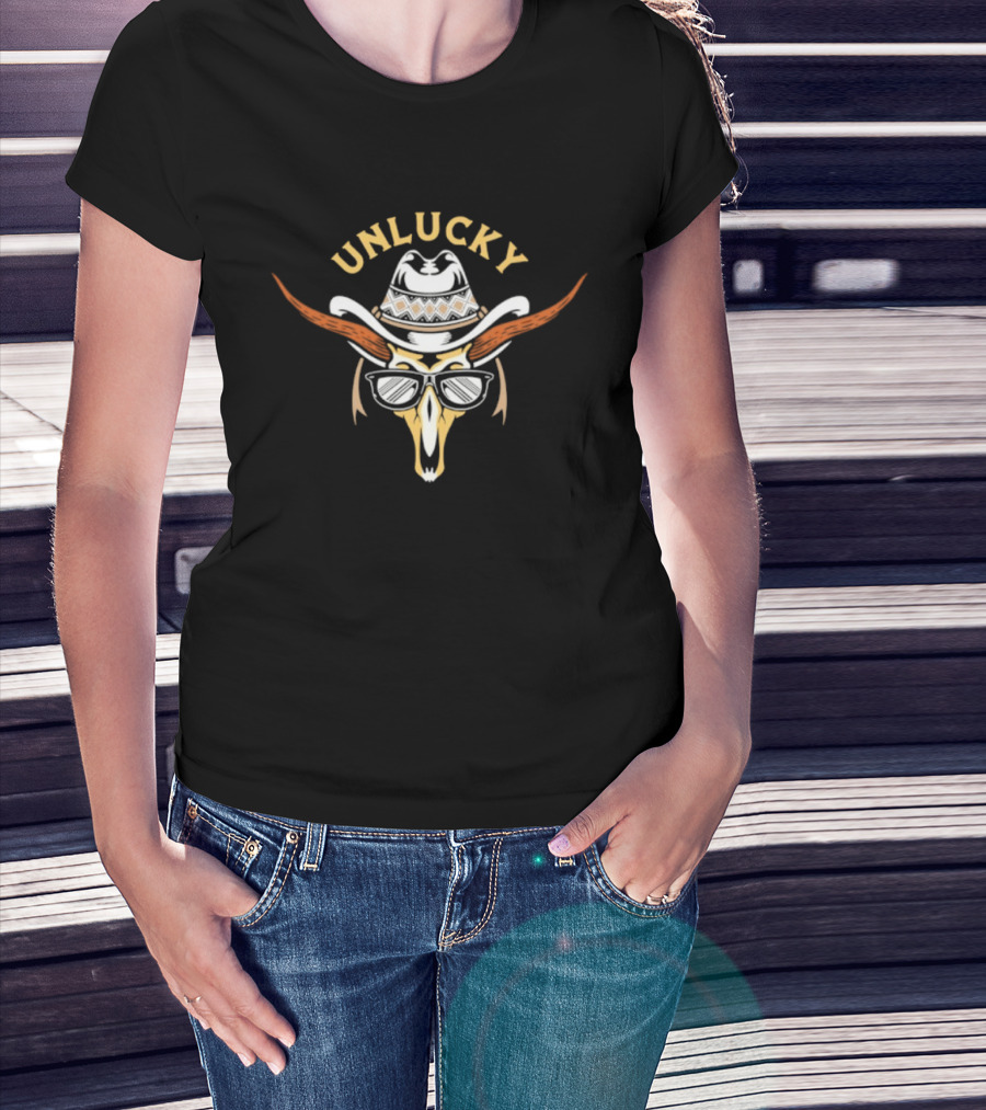 Unlucky Cowboy Skull Sunglasses Western Horns Hat T-Shirt