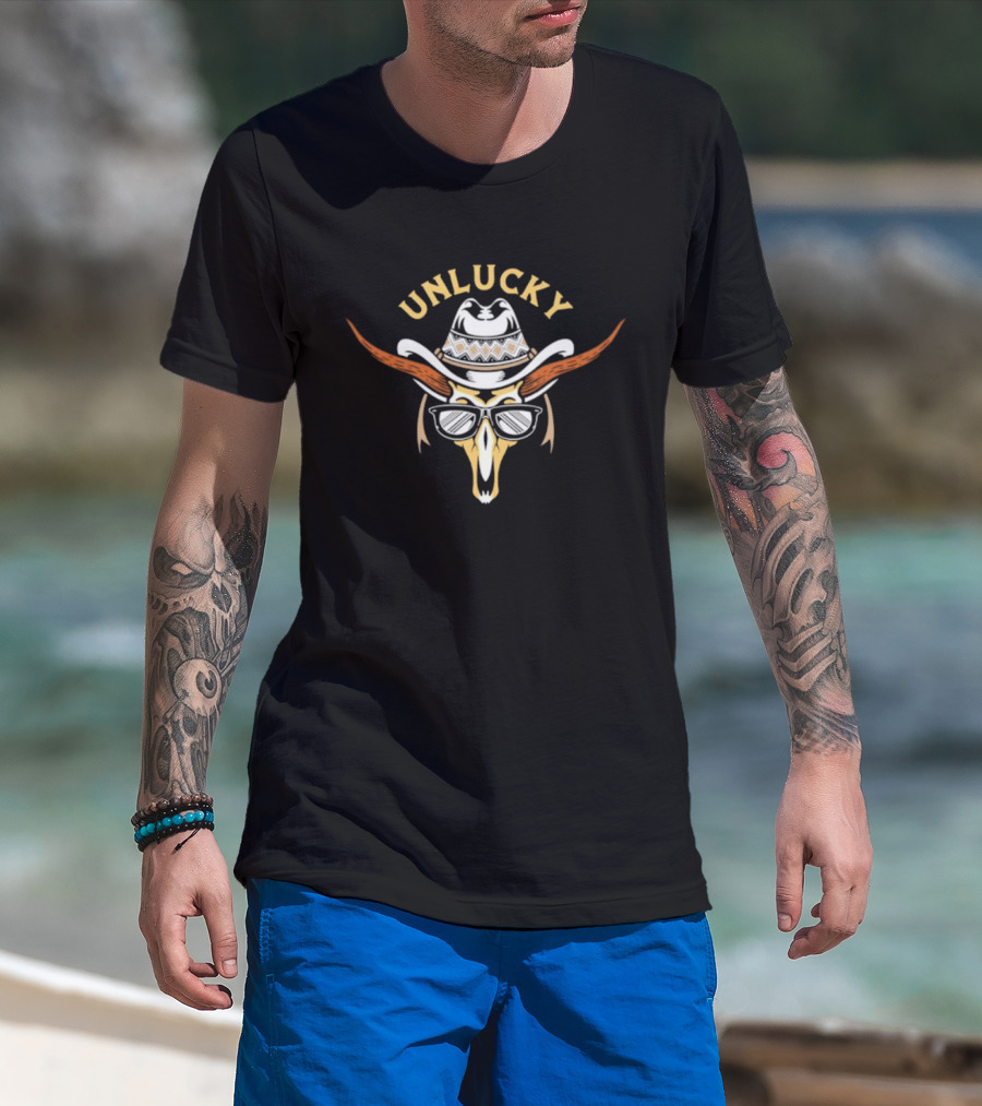 Unlucky Cowboy Skull Sunglasses Western Horns Hat T-Shirt