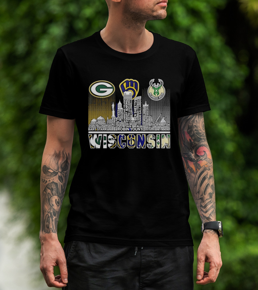 Wisconsin Green Bay Packers Milwaukee Brewers Bucks City Skyline Logos T-Shirt