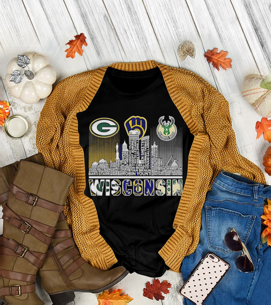 Wisconsin Green Bay Packers Milwaukee Brewers Bucks City Skyline Logos T-Shirt