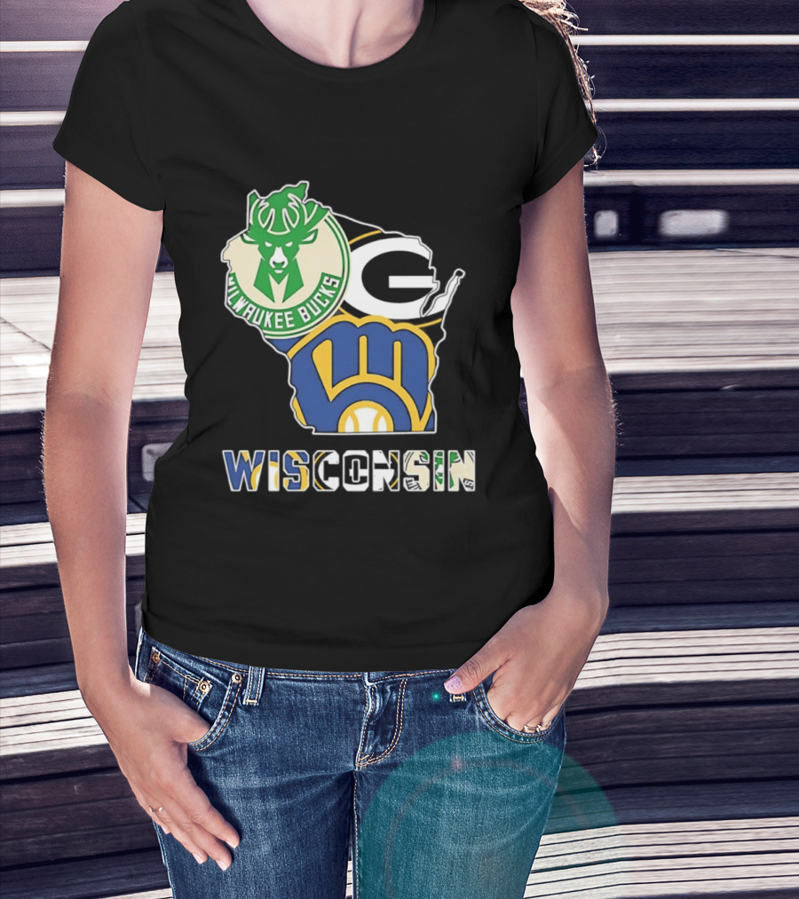 Milwaukee Bucks Green Bay Packers Milwaukee Brewers Wisconsin Map T-Shirt