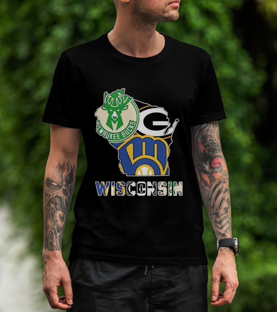 Milwaukee Bucks Green Bay Packers Milwaukee Brewers Wisconsin Map T-Shirt
